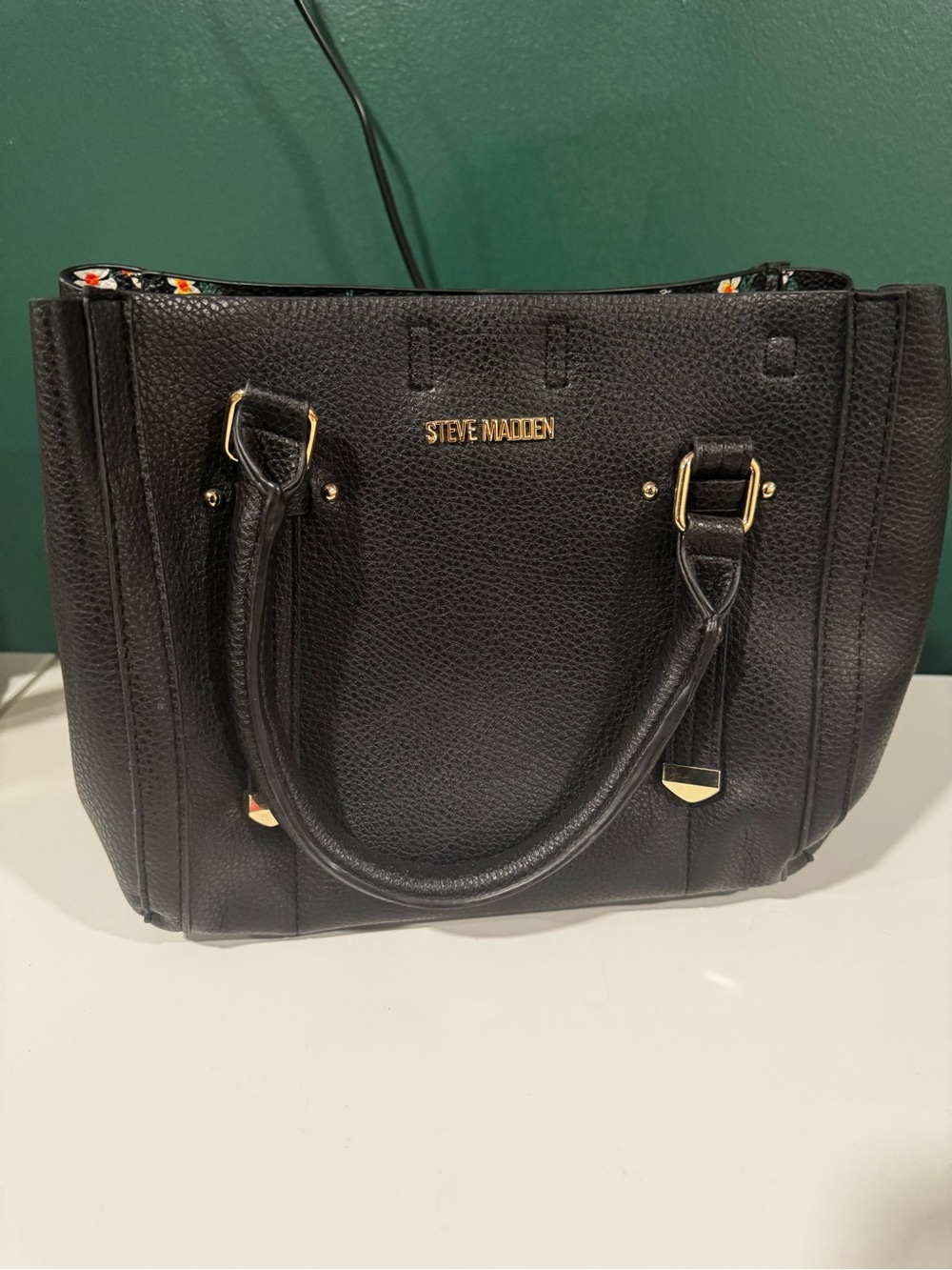 Steve Madden Black Pebbled Satchel with Gold Hardware